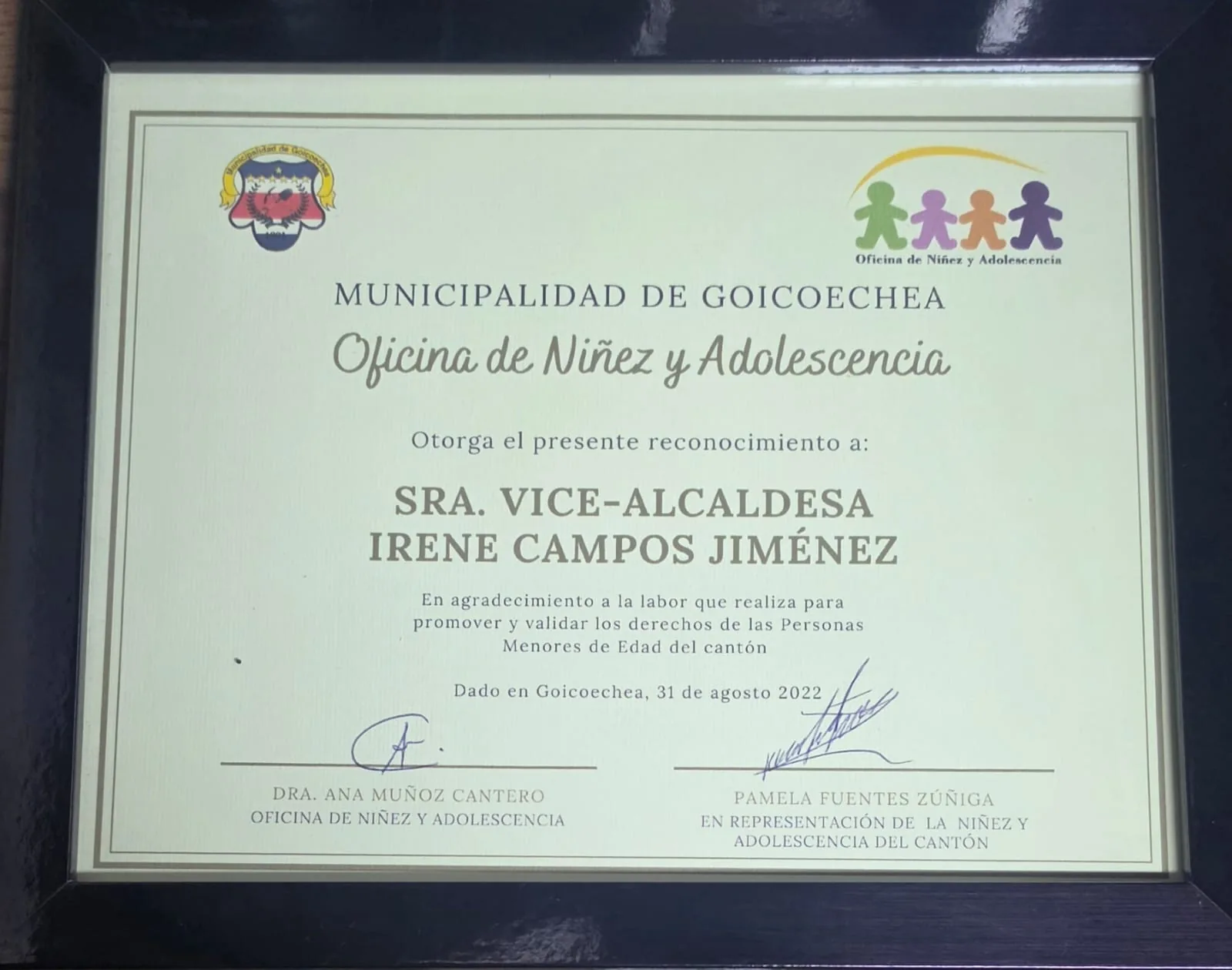 RECONOCIMIENTO PERSONAL · 2022: Compromiso con los derechos de la niñez y la adolescencia, a nombre de Irene Campos Jiménez