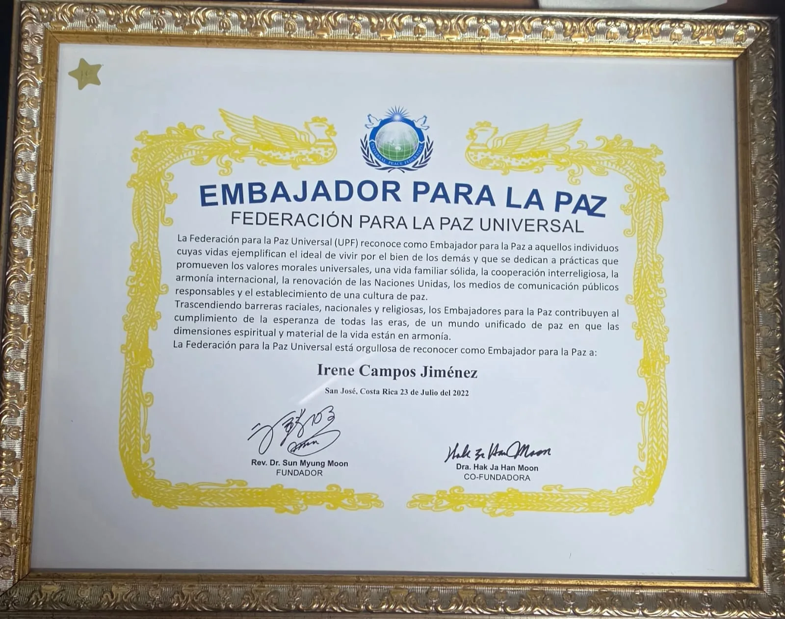 DISTINCIÓN PERSONAL · 2022: Embajador para la Paz, a nombre de Irene Campos Jiménez